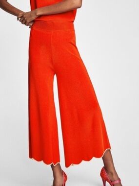 Zara Bright Orange Wide-Leg Scallop-Hem Pants